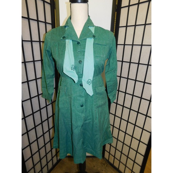 Dresses & Skirts - Vintage 40s 50s  Girl Scout Official Uniform Dress Green Long Sleeve With Scarf